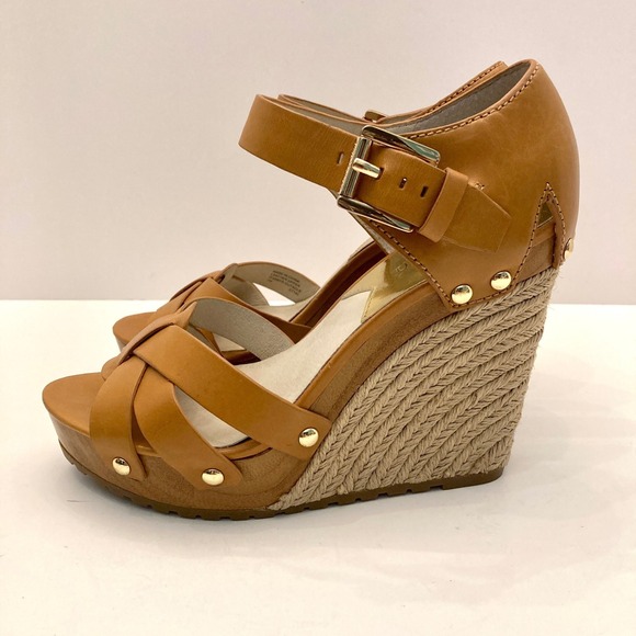 Michael Kors Somerly Wedge Espadrille Sandals Brown Leather Womens 7M Heels Shoe - Picture 2 of 11
